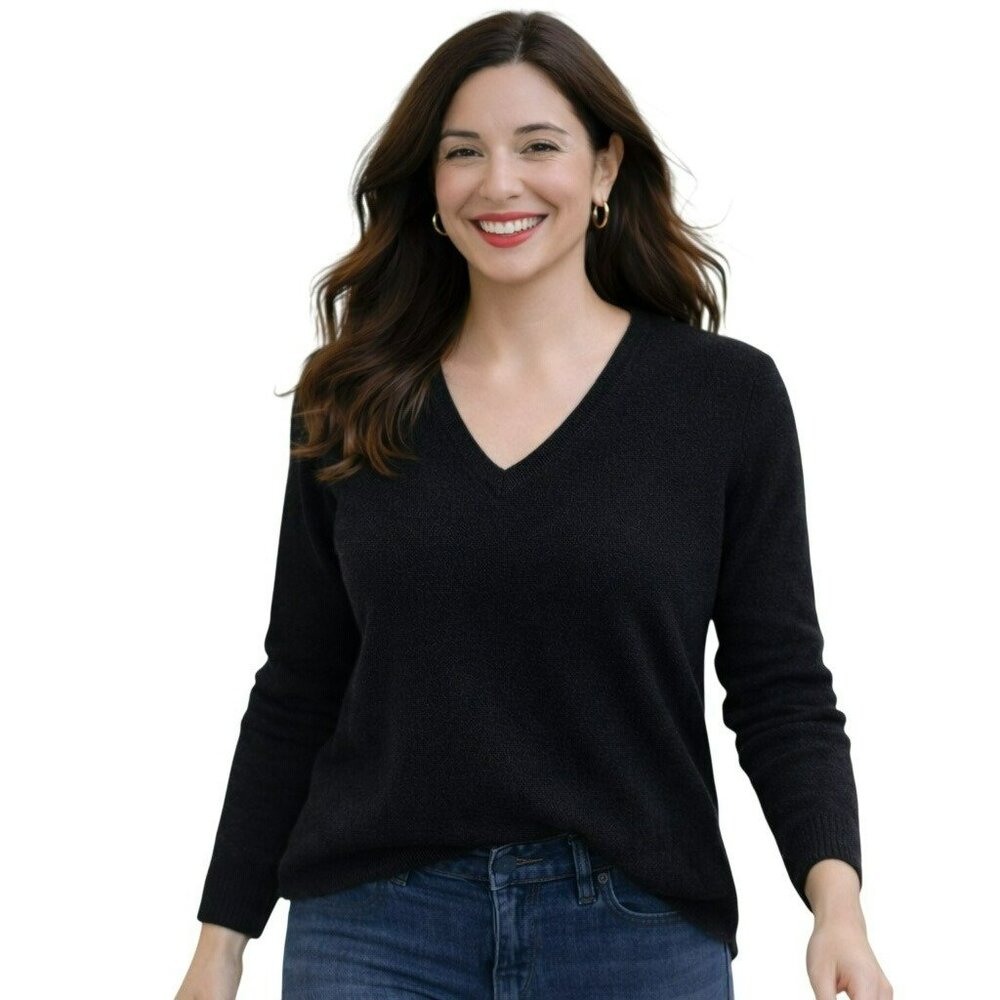 Only Mine V-Neck 100% 2 Ply Cashmere Sweater Womens Medium Black